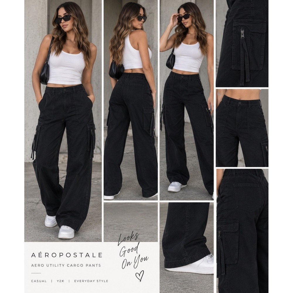 Aeropostale Womens Aero Utility Cargo Pants Black Wide Leg Y2K High Rise Size S